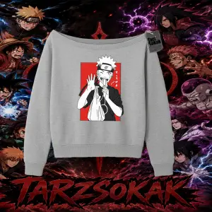 Naruto Uzumaki Premium Anime Kadın Kayık Yaka Sweatshirt Beyaz
