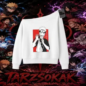 Naruto Uzumaki Premium Anime Kadın Kayık Yaka Sweatshirt Beyaz