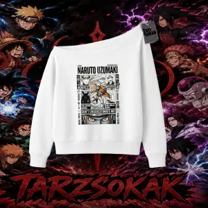 Naruto Uzumaki Premium Anime Kadın Kayık Yaka Sweatshirt Beyaz