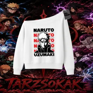 Naruto Uzumaki Premium Anime Kadın Kayık Yaka Sweatshirt Beyaz