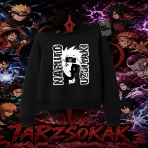 Naruto Uzumaki Premium Anime Kadın Kayık Yaka Sweatshirt Beyaz