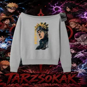 Naruto Uzumaki Premium Anime Kadın Kayık Yaka Sweatshirt Beyaz