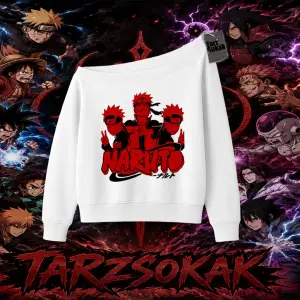 Naruto Uzumaki Premium Anime Kadın Kayık Yaka Sweatshirt Beyaz