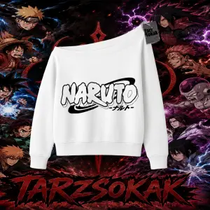 Naruto Uzumaki Premium Anime Kadın Kayık Yaka Sweatshirt Beyaz