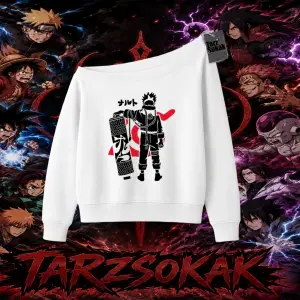Naruto Uzumaki Premium Anime Kadın Kayık Yaka Sweatshirt Beyaz