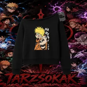 Naruto Uzumaki Premium Anime Kadın Kayık Yaka Sweatshirt Beyaz