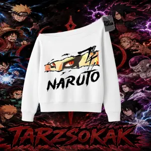 Naruto Uzumaki Premium Anime Kadın Kayık Yaka Sweatshirt Beyaz
