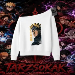 Naruto Uzumaki Premium Anime Kadın Kayık Yaka Sweatshirt Beyaz