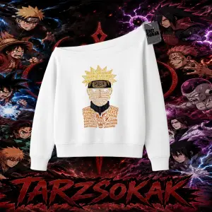 Naruto Uzumaki Premium Anime Kadın Kayık Yaka Sweatshirt Beyaz