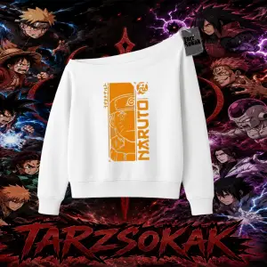 Naruto Uzumaki Premium Anime Kadın Kayık Yaka Sweatshirt Beyaz