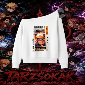 Naruto Uzumaki Premium Anime Kadın Kayık Yaka Sweatshirt Beyaz