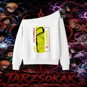 Naruto Uzumaki Premium Anime Kadın Kayık Yaka Sweatshirt Beyaz