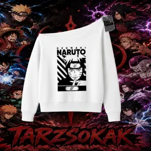 Naruto Uzumaki Premium Anime Kadın Kayık Yaka Sweatshirt Beyaz