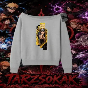 Naruto Uzumaki Premium Anime Kadın Kayık Yaka Sweatshirt Beyaz