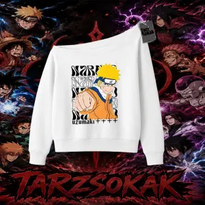 Naruto Uzumaki Premium Anime Kadın Kayık Yaka Sweatshirt Beyaz