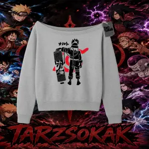 Naruto Uzumaki Premium Anime Kadın Kayık Yaka Sweatshirt Beyaz