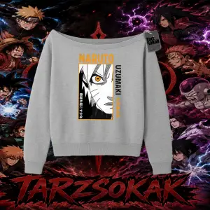 Naruto Uzumaki Premium Anime Kadın Kayık Yaka Sweatshirt Beyaz