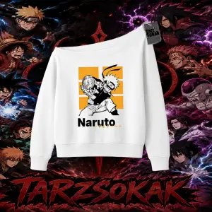 Naruto Uzumaki Premium Anime Kadın Kayık Yaka Sweatshirt Beyaz
