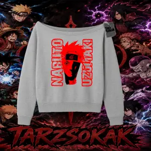 Naruto Uzumaki Premium Anime Kadın Kayık Yaka Sweatshirt Beyaz