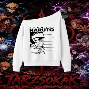Naruto Uzumaki Premium Anime Kadın Kayık Yaka Sweatshirt Beyaz