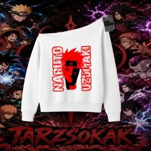 Naruto Uzumaki Premium Anime Kadın Kayık Yaka Sweatshirt Beyaz