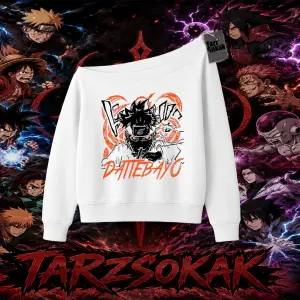 Naruto Uzumaki Premium Anime Kadın Kayık Yaka Sweatshirt Beyaz