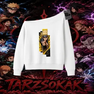 Naruto Uzumaki Premium Anime Kadın Kayık Yaka Sweatshirt Beyaz