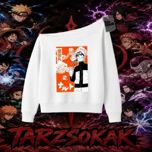 Naruto Uzumaki Premium Anime Kadın Kayık Yaka Sweatshirt Beyaz
