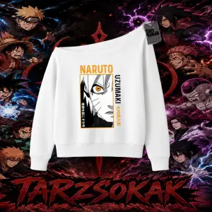 Naruto Uzumaki Premium Anime Kadın Kayık Yaka Sweatshirt Beyaz