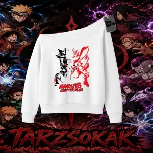 Naruto Uzumaki Premium Anime Kadın Kayık Yaka Sweatshirt Beyaz