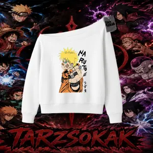 Naruto Uzumaki Premium Anime Kadın Kayık Yaka Sweatshirt Beyaz