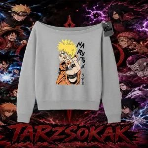Naruto Uzumaki Premium Anime Kadın Kayık Yaka Sweatshirt Beyaz