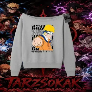 Naruto Uzumaki Premium Anime Kadın Kayık Yaka Sweatshirt Beyaz