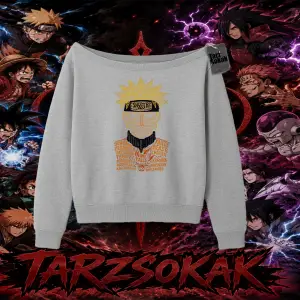 Naruto Uzumaki Premium Anime Kadın Kayık Yaka Sweatshirt Beyaz