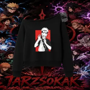 Naruto Uzumaki Premium Anime Kadın Kayık Yaka Sweatshirt Beyaz