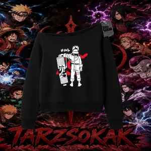 Naruto Uzumaki Premium Anime Kadın Kayık Yaka Sweatshirt Beyaz