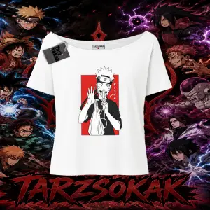 Naruto Uzumaki Premium Anime Kadın Kayık Yaka Tişört Beyaz