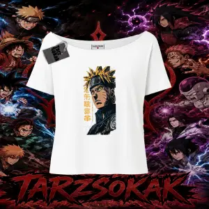 Naruto Uzumaki Premium Anime Kadın Kayık Yaka Tişört Beyaz