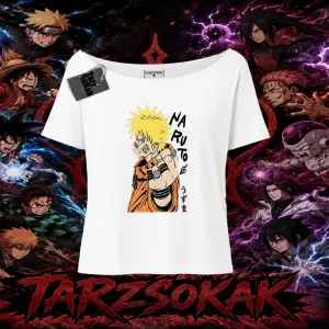Naruto Uzumaki Premium Anime Kadın Kayık Yaka Tişört Beyaz