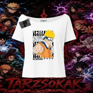 Naruto Uzumaki Premium Anime Kadın Kayık Yaka Tişört Beyaz