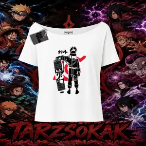 Naruto Uzumaki Premium Anime Kadın Kayık Yaka Tişört Beyaz