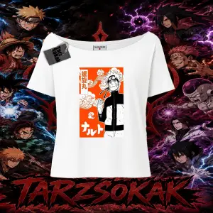 Naruto Uzumaki Premium Anime Kadın Kayık Yaka Tişört Beyaz