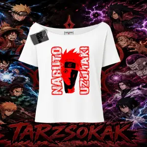 Naruto Uzumaki Premium Anime Kadın Kayık Yaka Tişört Beyaz