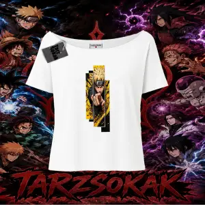 Naruto Uzumaki Premium Anime Kadın Kayık Yaka Tişört Beyaz