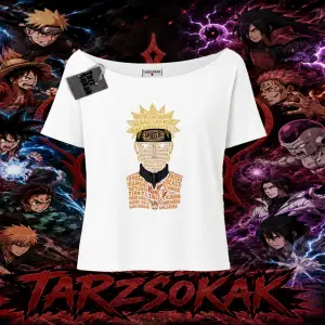 Naruto Uzumaki Premium Anime Kadın Kayık Yaka Tişört Beyaz