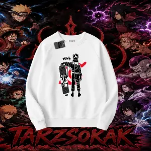 Naruto Uzumaki Premium Anime Oversize Unisex Bisiklet Yaka Sweatshirt Beyaz