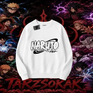 Naruto Uzumaki Premium Anime Oversize Unisex Bisiklet Yaka Sweatshirt Beyaz