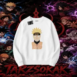 Naruto Uzumaki Premium Anime Oversize Unisex Bisiklet Yaka Sweatshirt Beyaz