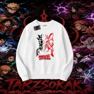 Naruto Uzumaki Premium Anime Oversize Unisex Bisiklet Yaka Sweatshirt Beyaz