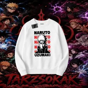 Naruto Uzumaki Premium Anime Oversize Unisex Bisiklet Yaka Sweatshirt Beyaz
